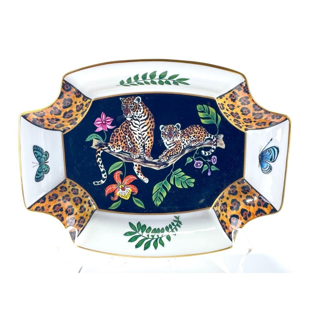 Lynn Chase Jaguar Jungle Octagon Candy Dish Tray Signed 1994 Porcelain